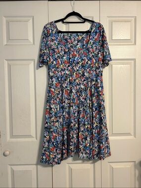 Lands' End Blue Floral Square-Neck Fit & Flare Dress X-Large Petite Stretch